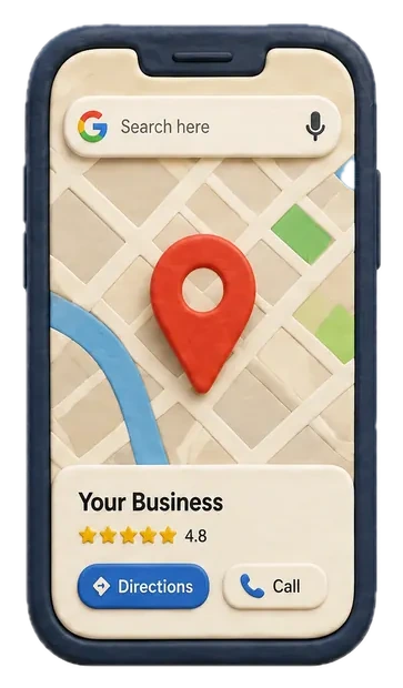 A phone showing a local business listing on Google Maps