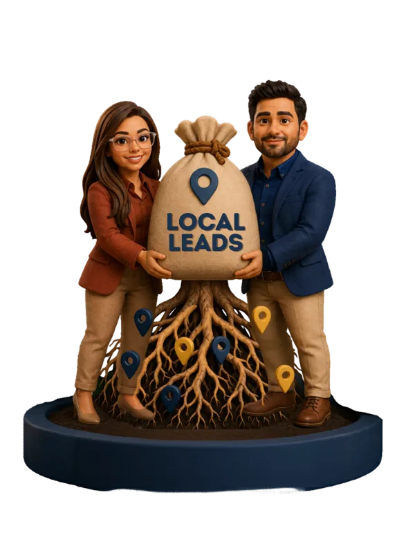 Axel SEO's founders holding a bag labeled "Local Leads," rooted in location pins
