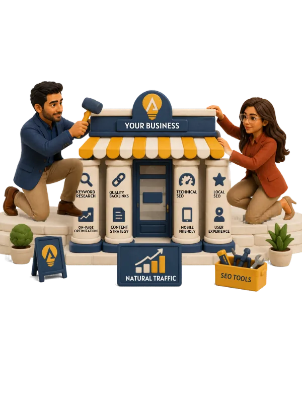 Axel SEO's founders building a storefront scene labeled "Your Business," surrounded by SEO pillars